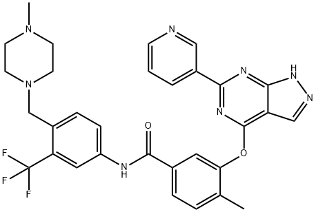 Benzamide, 4-methyl-N-[4-[(4-methyl-1-piperazinyl)methyl]-3-(trifluoromethyl)phenyl]-3-[[6-(3-pyridinyl)-1H-pyrazolo[3,4-d]pyrimidin-4-yl]oxy]- Structure