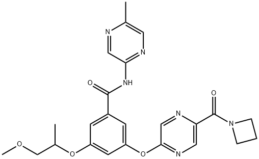 Benzamide, 3-[[5-(1-azetidinylcarbonyl)-2-pyrazinyl]oxy]-5-(2-methoxy-1-methylethoxy)-N-(5-methyl-2-pyrazinyl)- Structure