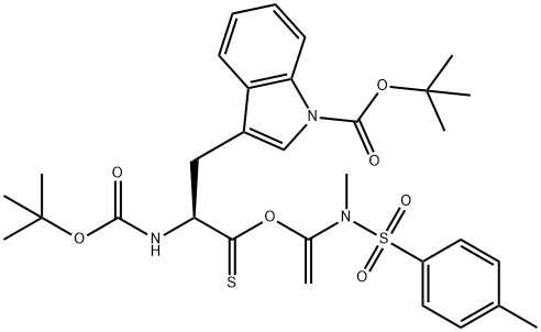 1H-Indole-1-carboxylic acid, 3-[(2S)-2-[[(1,1-dimethylethoxy)carbonyl]amino]-3-[[1-[methyl[(4-methylphenyl)sulfonyl]amino]ethenyl]oxy]-3-thioxopropyl]-, 1,1-dimethylethyl ester 구조식 이미지
