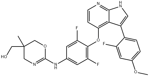 4H-1,3-Oxazine-5-methanol, 2-[[3,5-difluoro-4-[[3-(2-fluoro-4-methoxyphenyl)-1H-pyrrolo[2,3-b]pyridin-4-yl]oxy]phenyl]amino]-5,6-dihydro-5-methyl- Structure