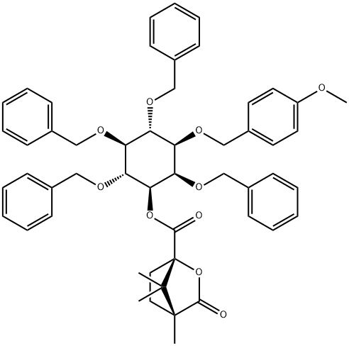 D-myo-Inositol, 1-O-(4-methoxyphenyl)methyl-2,4,5,6-tetrakis-O-(phenylmethyl)-, (1S,4R)-4,7,7-trimethyl-3-oxo-2-oxabicyclo2.2.1heptane-1-carboxylate 구조식 이미지