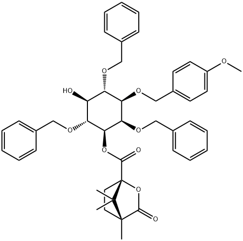 D-myo-Inositol, 1-O-(4-methoxyphenyl)methyl-2,4,6-tris-O-(phenylmethyl)-, 3-(1S,4R)-4,7,7-trimethyl-3-oxo-2-oxabicyclo2.2.1heptane-1-carboxylate Structure