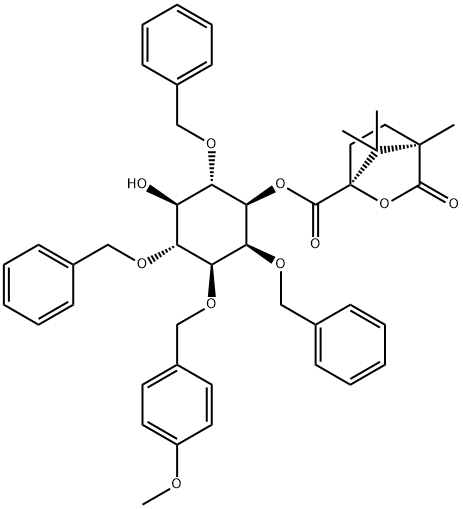 D-myo-Inositol, 3-O-(4-methoxyphenyl)methyl-2,4,6-tris-O-(phenylmethyl)-, 1-(1S,4R)-4,7,7-trimethyl-3-oxo-2-oxabicyclo2.2.1heptane-1-carboxylate Structure