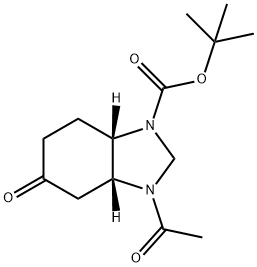 1H-?Benzimidazole-?1-?carboxylic acid, 3-?acetyloctahydro-?5-?oxo-?, 1,?1-?dimethylethyl ester, (3aR,?7aS)?- Structure