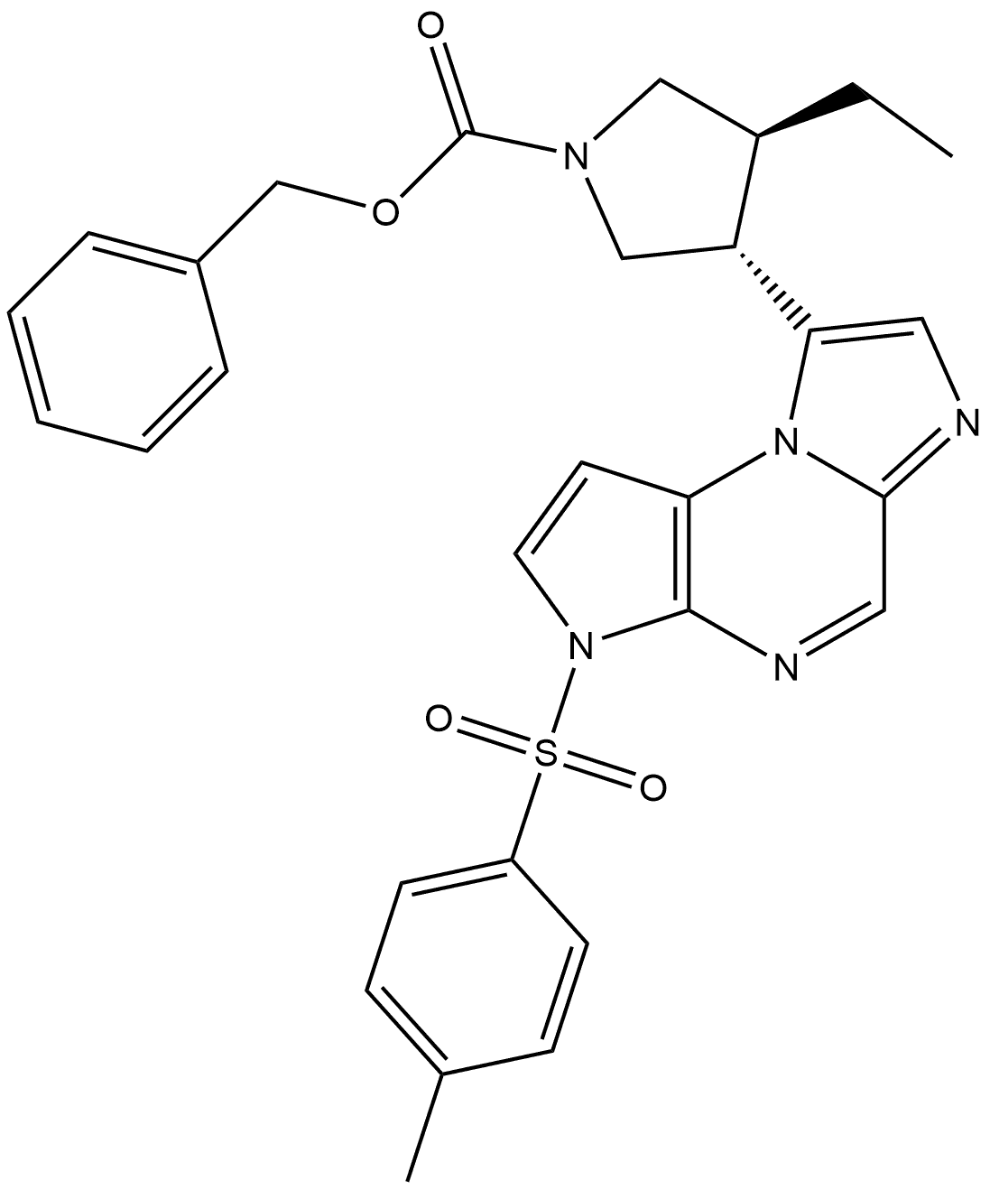 Phenylmethyl (3S,4S)-3-ethyl-4-[3-[(4-methylphenyl)sulfonyl]-3H-imidazo[1,2-a]pyrrolo[2,3-e]pyrazin-8-yl]-1-pyrrolidinecarboxylate 구조식 이미지