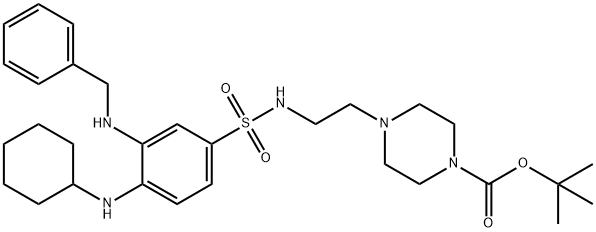 1-Piperazinecarboxylic acid, 4-[2-[[[4-(cyclohexylamino)-3-[(phenylmethyl)amino]phenyl]sulfonyl]amino]ethyl]-, 1,1-dimethylethyl ester Structure