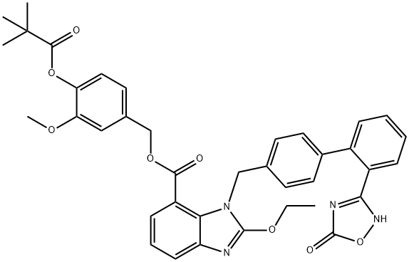 1H-Benzimidazole-7-carboxylic acid, 1-[[2'-(2,5-dihydro-5-oxo-1,2,4-oxadiazol-3-yl)[1,1'-biphenyl]-4-yl]methyl]-2-ethoxy-, [4-(2,2-dimethyl-1-oxopropoxy)-3-methoxyphenyl]methyl ester 구조식 이미지