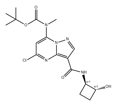 Carbamic acid, N-[5-chloro-3-[[[(1R,2R)-2-hydroxycyclobutyl]amino]carbonyl]pyrazolo[1,5-a]pyrimidin-7-yl]-N-methyl-, 1,1-dimethylethyl ester, rel- Structure