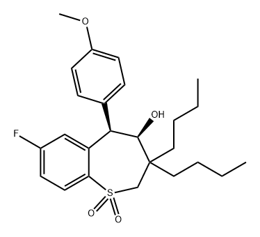 1-Benzothiepin-4-ol, 3,3-dibutyl-7-fluoro-2,3,4,5-tetrahydro-5-(4-methoxyphenyl)-, 1,1-dioxide, (4R,5R)- Structure