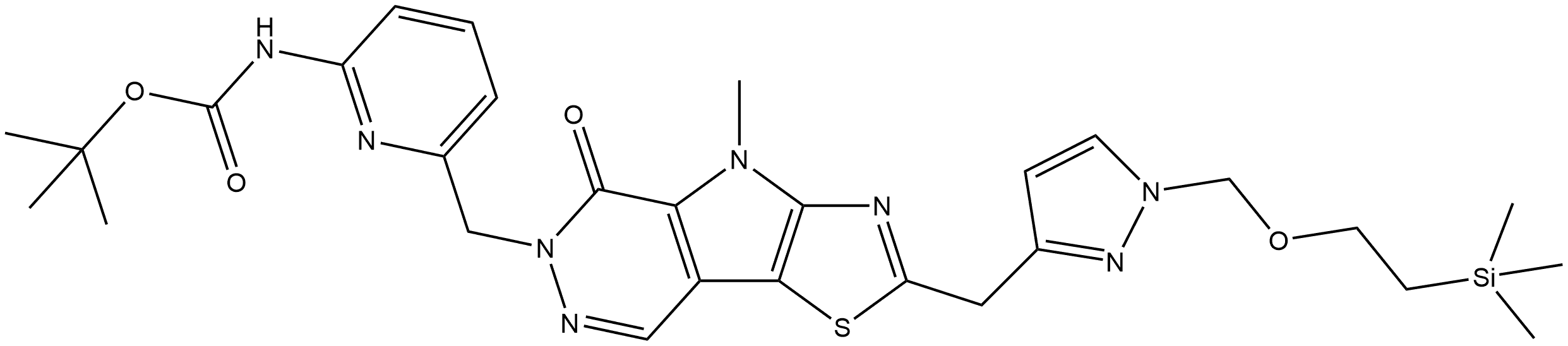 tert-butyl (6-((4-methyl-5-oxo-2-((1-((2-(trimethylsilyl)ethoxy)methyl)-1H-pyrazol-3-yl)methyl)-4,5-dihydro-6H-thiazolo[5',4':4,5]pyrrolo[2,3-d]pyridazin-6-yl)methyl)pyridin-2-yl)carbamate Structure