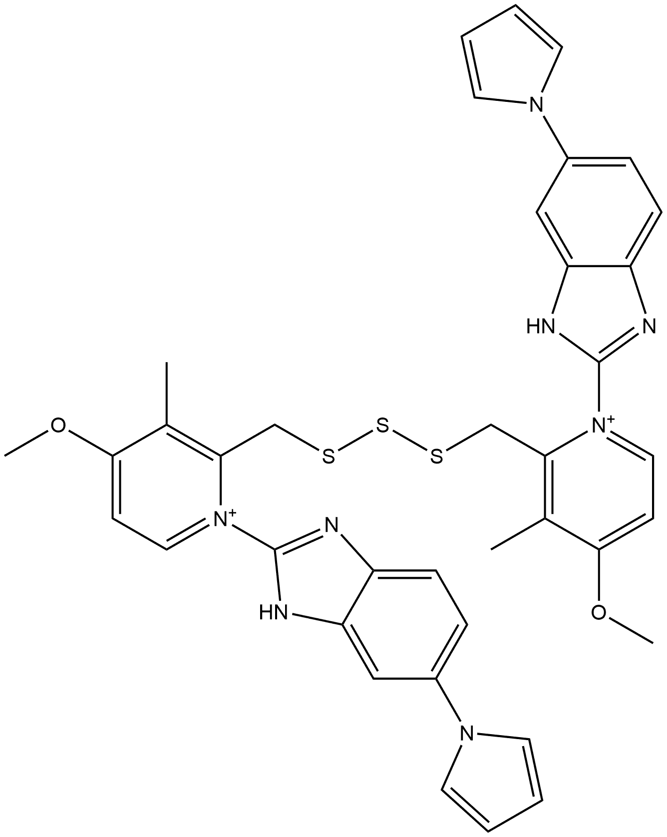 2,2′-[Trithiobis(methylene)]bis[4-methoxy-3-methyl-1-[6-(1H-pyrrol-1-yl)-1H-benzimidazol-2-yl]pyridinium] Structure