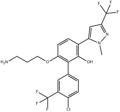 [1,1'-Biphenyl]-2-ol, 6-(3-aminopropoxy)-4'-chloro-3-[1-methyl-3-(trifluoromethyl)-1H-pyrazol-5-yl]-3'-(trifluoromethyl)- Structure