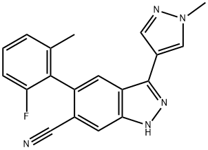 1H-Indazole-6-carbonitrile, 5-(2-fluoro-6-methylphenyl)-3-(1-methyl-1H-pyrazol-4-yl)- Structure