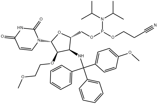 Uridine, 3'-?deoxy-?2'-?O-?(2-?methoxyethyl)?-?3'-?[[(4-?methoxyphenyl)?diphenylmethyl]?amino]?-?, 5'-?[2-?cyanoethyl N,?N-?bis(1-?methylethyl)?phosphoramidite] Structure