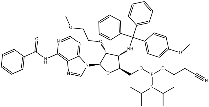 Adenosine, N-?benzoyl-?3'-?deoxy-?2'-?O-?(2-?methoxyethyl)?-?3'-?[[(4-?methoxyphenyl)?diphenylmethyl]?amino]?-?, 5'-?[2-?cyanoethyl N,?N-?bis(1-?methylethyl)?phosphoramidite] Structure