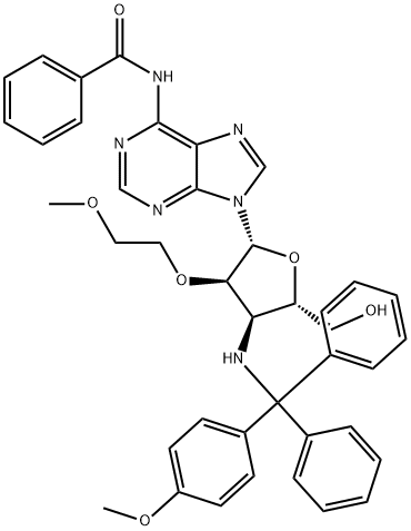 Adenosine, N-?benzoyl-?3'-?deoxy-?2'-?O-?(2-?methoxyethyl)?-?3'-?[[(4-?methoxyphenyl)?diphenylmethyl]?amino]?- Structure