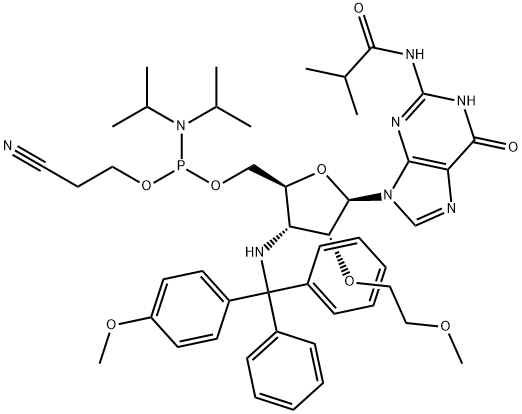 Guanosine, 3'-?deoxy-?2'-?O-?(2-?methoxyethyl)?-?3'-?[[(4-?methoxyphenyl)?diphenylmethyl]?amino]?-?N-?(2-?methyl-?1-?oxopropyl)?-?, 5'-?[2-?cyanoethyl N,?N-?bis(1-?methylethyl)?phosphoramidite] Structure