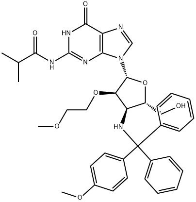 Guanosine, 3'-?deoxy-?2'-?O-?(2-?methoxyethyl)?-?3'-?[[(4-?methoxyphenyl)?diphenylmethyl]?amino]?-?N-?(2-?methyl-?1-?oxopropyl)?- 구조식 이미지