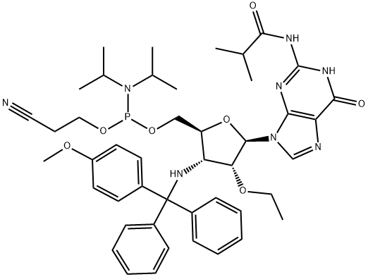 Guanosine, 3'-?deoxy-?2'-?O-?ethyl-?3'-?[[(4-?methoxyphenyl)?diphenylmethyl]?amino]?-?N-?(2-?methyl-?1-?oxopropyl)?-?, 5'-?[2-?cyanoethyl N,?N-?bis(1-?methylethyl)?phosphoramidite] Structure