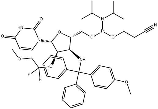 Uridine, 3'-?deoxy-?2'-?O-?(1,?1-?difluoro-?2-?methoxyethyl)?-?3'-?[[(4-?methoxyphenyl)?diphenylmethyl]?amino]?-?, 5'-?[2-?cyanoethyl N,?N-?bis(1-?methylethyl)?phosphoramidite] Structure