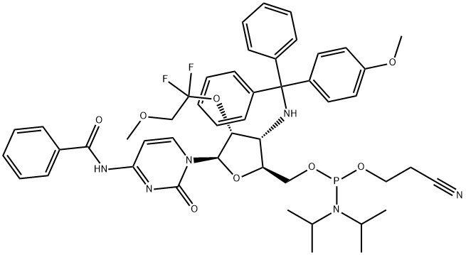 Cytidine, N-?benzoyl-?3'-?deoxy-?2'-?O-?(1,?1-?difluoro-?2-?methoxyethyl)?-?3'-?[[(4-?methoxyphenyl)?diphenylmethyl]?amino]?-?, 5'-?[2-?cyanoethyl N,?N-?bis(1-?methylethyl)?phosphoramidite] Structure