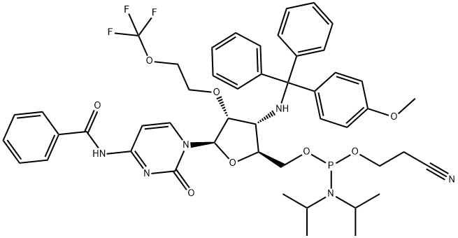 Cytidine, N-?benzoyl-?3'-?deoxy-?3'-?[[(4-?methoxyphenyl)?diphenylmethyl]?amino]?-?2'-?O-?[2-?(trifluoromethoxy)?ethyl]?-?, 5'-?[2-?cyanoethyl N,?N-?bis(1-?methylethyl)?phosphoramidite] Structure