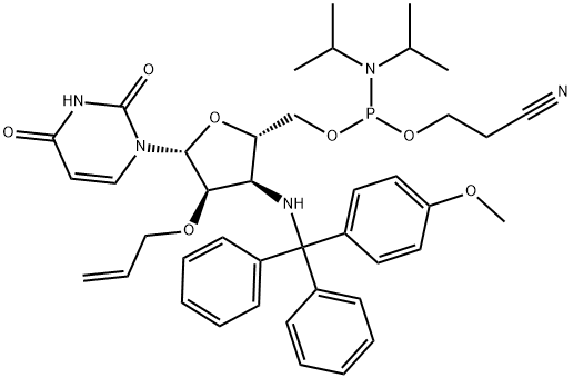 Uridine, 3'-?deoxy-?3'-?[[(4-?methoxyphenyl)?diphenylmethyl]?amino]?-?2'-?O-?2-?propen-?1-?yl-?, 5'-?[2-?cyanoethyl N,?N-?bis(1-?methylethyl)?phosphoramidite] Structure