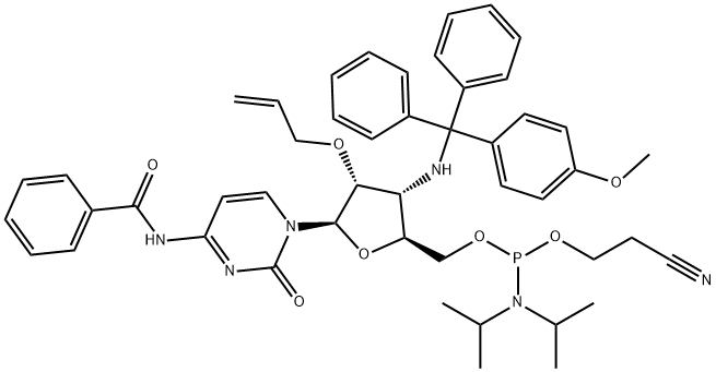 Cytidine, N-?benzoyl-?3'-?deoxy-?3'-?[[(4-?methoxyphenyl)?diphenylmethyl]?amino]?-?2'-?O-?2-?propen-?1-?yl-?, 5'-?[2-?cyanoethyl N,?N-?bis(1-?methylethyl)?phosphoramidite] Structure