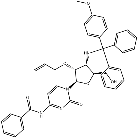 Cytidine, N-?benzoyl-?3'-?deoxy-?3'-?[[(4-?methoxyphenyl)?diphenylmethyl]?amino]?-?2'-?O-?2-?propen-?1-?yl- Structure