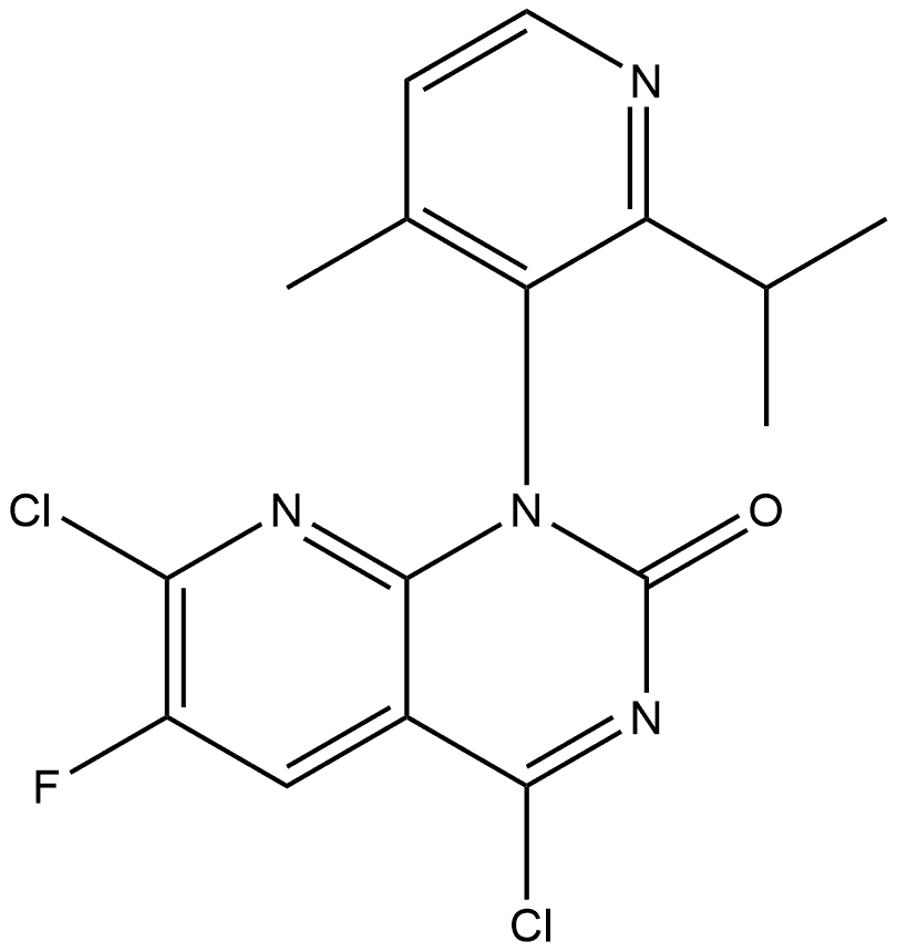 Pyrido[2,3-d]pyrimidin-2(1H)-one, 4,7-dichloro-6-fluoro-1-[4-methyl-2-(1-methylethyl)-3-pyridinyl]-, (1R)- Structure