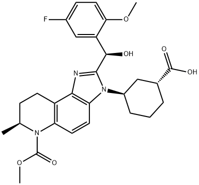 6H-Imidazo[4,5-f]quinoline-6-carboxylic acid, 3-[(1R,3R)-3-carboxycyclohexyl]-2-[(R)-(5-fluoro-2-methoxyphenyl)hydroxymethyl]-3,7,8,9-tetrahydro-7-methyl-, 6-methyl ester, (7S)- 구조식 이미지