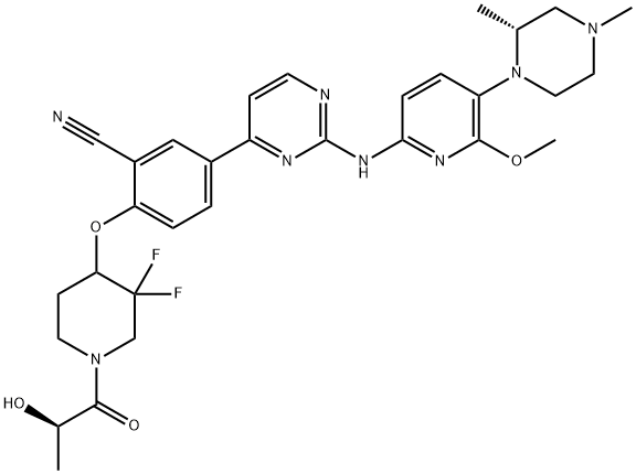 Benzonitrile, 2-[[3,3-difluoro-1-[(2R)-2-hydroxy-1-oxopropyl]-4-piperidinyl]oxy]-5-[2-[[5-[(2R)-2,4-dimethyl-1-piperazinyl]-6-methoxy-2-pyridinyl]amino]-4-pyrimidinyl]- 구조식 이미지