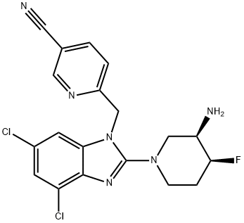 3-Pyridinecarbonitrile, 6-[[2-[(3R,4S)-3-amino-4-fluoro-1-piperidinyl]-4,6-dichloro-1H-benzimidazol-1-yl]methyl]- Structure