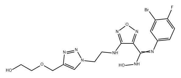 1,2,5-Oxadiazole-3-carboximidamide, N'-(3-bromo-4-fluorophenyl)-N-hydroxy-4-[[2-[4-[(2-hydroxyethoxy)methyl]-1H-1,2,3-triazol-1-yl]ethyl]amino]- Structure