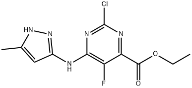 4-Pyrimidinecarboxylic acid, 2-chloro-5-fluoro-6-[(5-methyl-1H-pyrazol-3-yl)amino]-, ethyl ester Structure