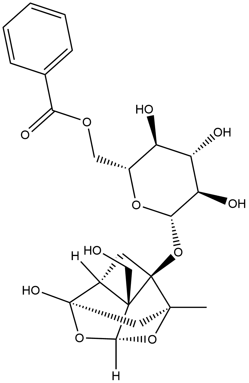 β-D-Glucopyranoside, (1aR,2S,3aR,5R,5aR,5bS)-tetrahydro-5-hydroxy-5b-(hydroxymethyl)-2-methyl-2,5-methano-1H-3,4-dioxacyclobuta[cd]pentalen-1a(2H)-yl, 6-benzoate Structure