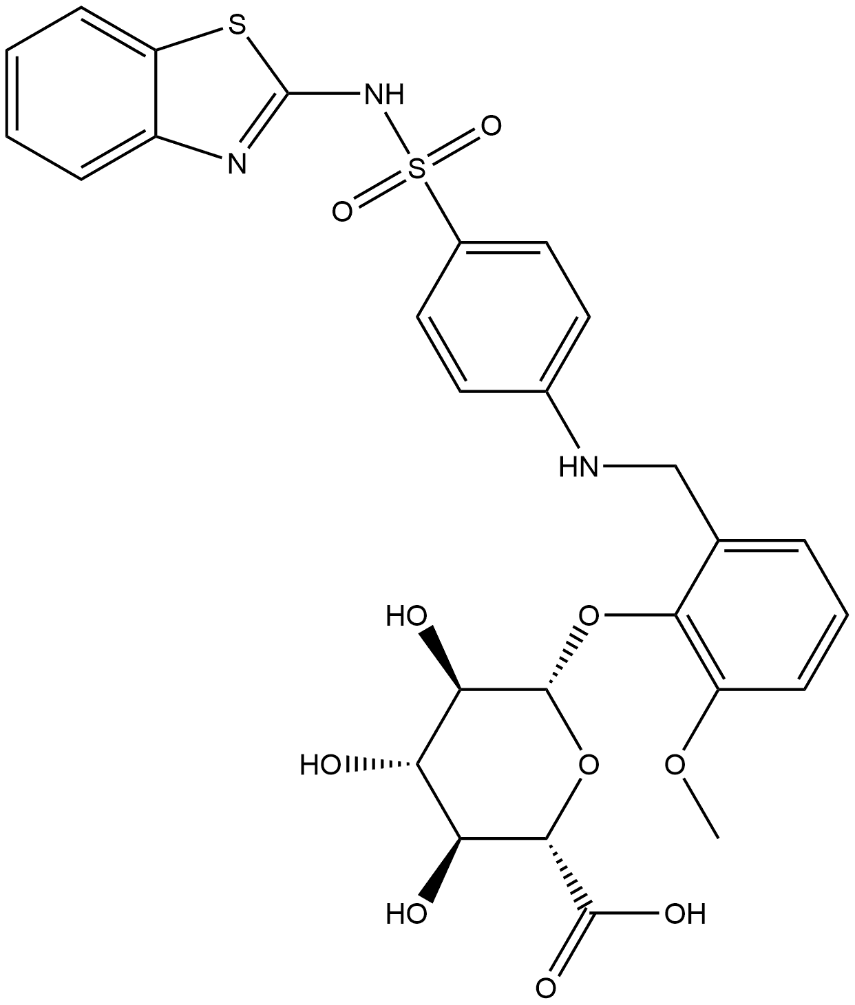 β-D-Glucopyranosiduronic acid, 2-[[[4-[(2-benzothiazolylamino)sulfonyl]phenyl]amino]methyl]-6-methoxyphenyl Structure