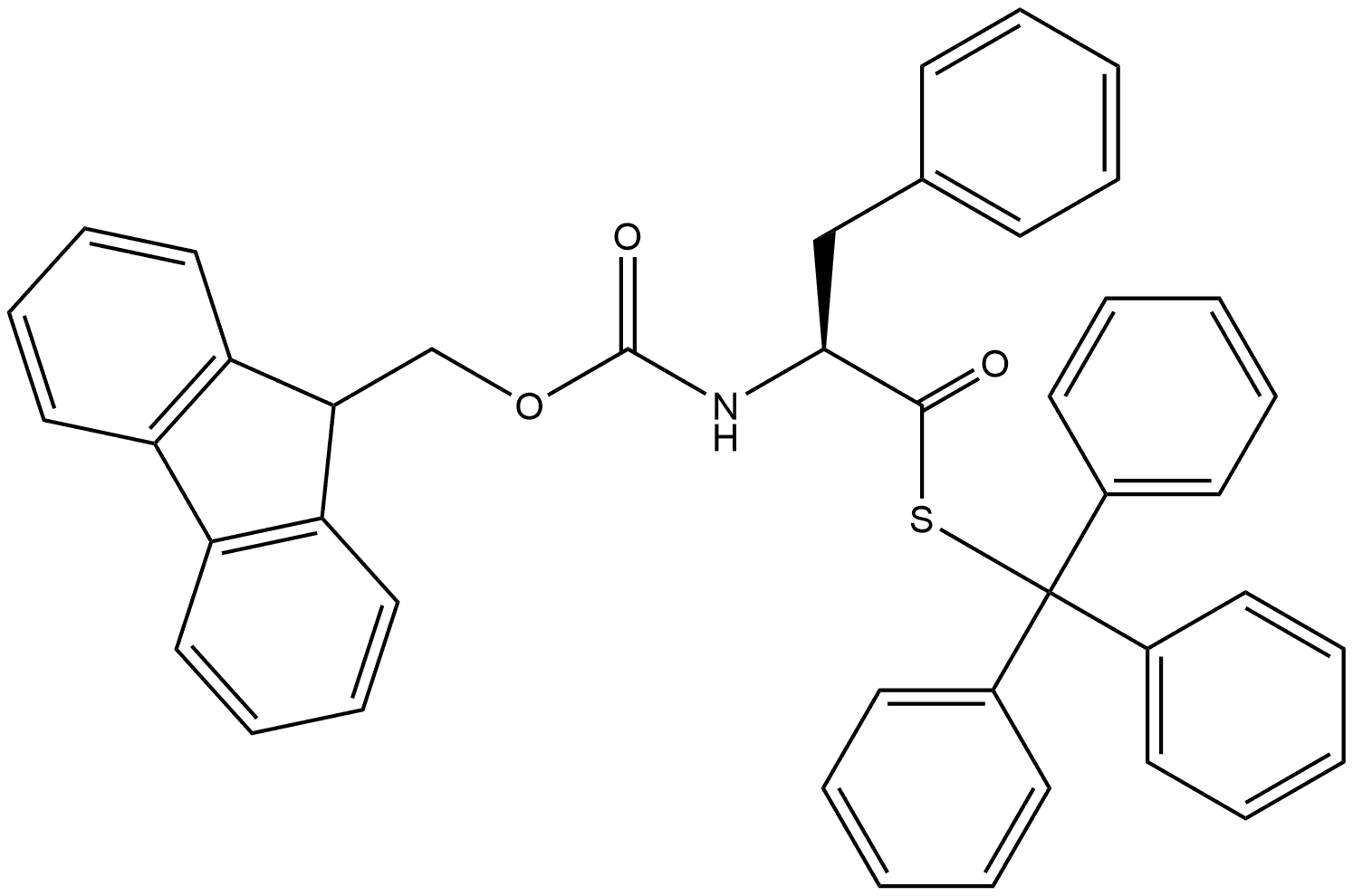 Benzenepropanethioic acid, α-[[(9H-fluoren-9-ylmethoxy)carbonyl]amino]-, S-(triphenylmethyl) ester, (αS)- Structure