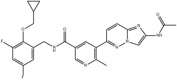 3-Pyridinecarboxamide, 5-[2-(acetylamino)imidazo[1,2-b]pyridazin-6-yl]-N-[[2-(cyclopropylmethoxy)-3,5-difluorophenyl]methyl]-6-methyl- Structure