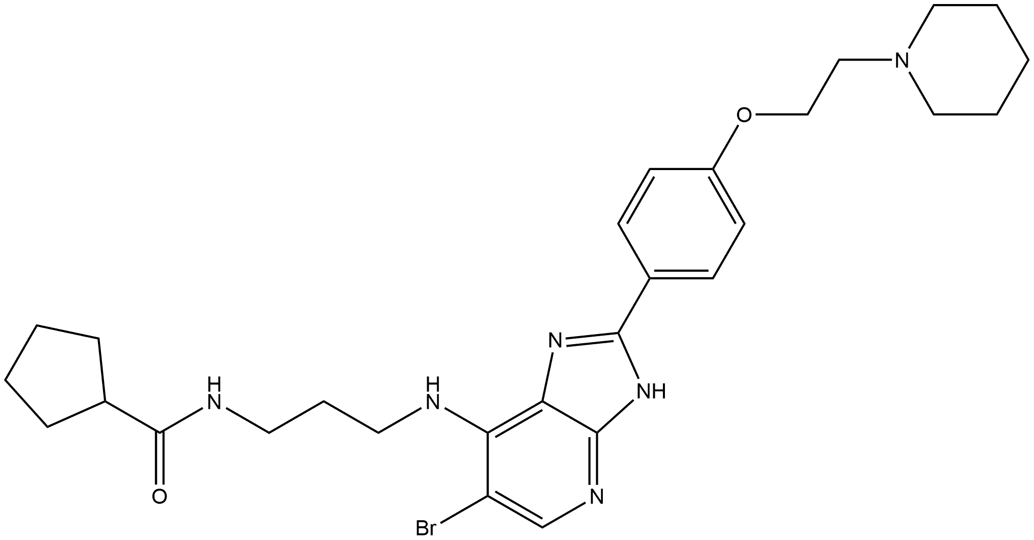 N-[3-[[6-Bromo-2-[4-[2-(1-piperidinyl)ethoxy]phenyl]-3H-imidazo[4,5-b]pyridin-7-yl]amino]propyl]cyclopentanecarboxamide 구조식 이미지