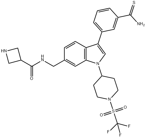 3-Azetidinecarboxamide, N-[[3-[3-(aminothioxomethyl)phenyl]-1-[1-[(trifluoromethyl)sulfonyl]-4-piperidinyl]-1H-indol-6-yl]methyl]- Structure