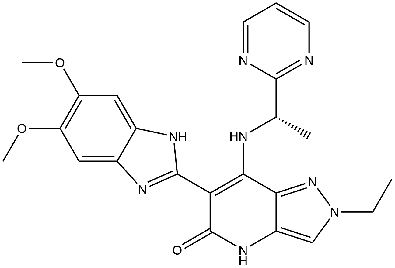 (S)-6-(5,6-dimethoxy-1H-benzo[d]imidazol-2-yl)-2-ethyl-7-((1-(pyrimidin-2-yl)ethyl)amino)-2,4-dihydro-5H-pyrazolo[4,3-b]pyridin-5-one Structure