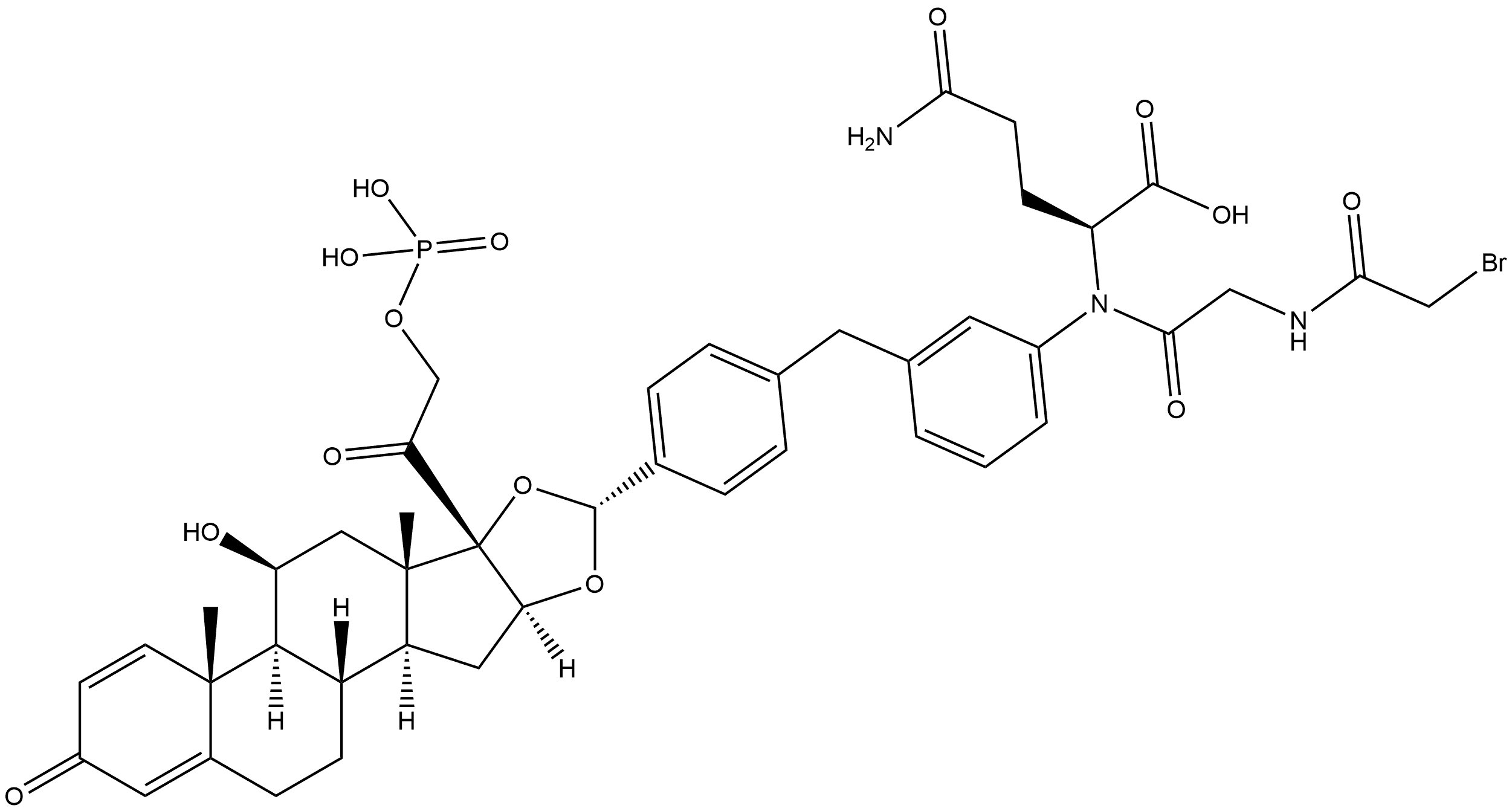 L-α-Glutamine, N-(2-bromoacetyl)glycyl-N-[3-[[4-[(R)-[[(11β,16α)-11-hydroxy-3,20-dioxo-21-(phosphonooxy)pregna-1,4-diene-16,17-diyl]bis(oxy)]methyl]phenyl]methyl]phenyl]- Structure