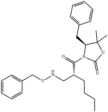 2-Oxazolidinone, 5,5-dimethyl-3-[(2R)-1-oxo-2-[[(phenylmethoxy)amino]methyl]hexyl]-4-(phenylmethyl)-, (4S)- 구조식 이미지
