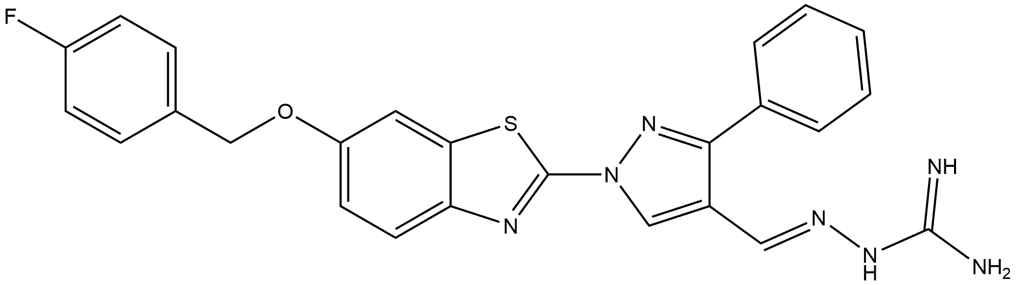 2-((1-(6-((4-fluorobenzyl)oxy)benzo[d]thiazol-2-yl)-3-phenyl-1H-pyrazol-4-yl)methylene)hydrazine-1-carboximidamide Structure