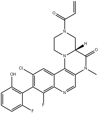 1H-Pyrazino[1',2':4,5]pyrazino[2,3-c]quinolin-5(6H)-one, 11-chloro-9-fluoro-10-(2-fluoro-6-hydroxyphenyl)-2,3,4,4a-tetrahydro-6-methyl-3-(1-oxo-2-propen-1-yl)-, (4aR)- Structure