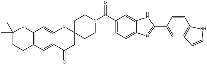 Spiro[2H,6H-benzo[1,2-b:5,4-b']dipyran-2,4'-piperidin]-4(3H)-one, 7,8-dihydro-1'-[[2-(1H-indol-5-yl)-1H-benzimidazol-6-yl]carbonyl]-8,8-dimethyl- Structure