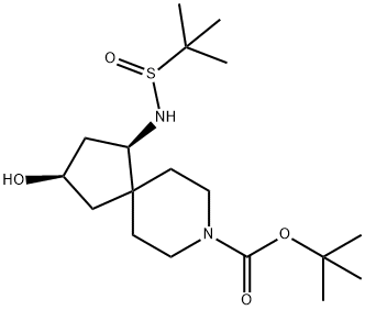 tert-Butyl (1R,3R)-1-((tert-butylsulfinyl)amino)-3-hydroxy-8-azaspiro[4.5]decane-8-carboxylate 구조식 이미지