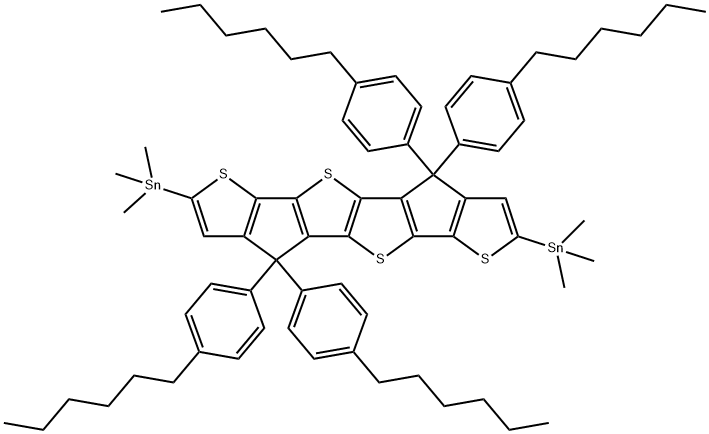 Stannane, 1,1'-[4,4,9,9-tetrakis(4-hexylphenyl)-4,9-dihydrothieno[3',2':4,5]cyclopenta[1,2-b]thieno[2'',3'':3',4']cyclopenta[1',2':4,5]thieno[2,3-d]thiophene-2,7-diyl]bis[1,1,1-trimethyl- 구조식 이미지