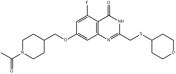 4(3H)-Quinazolinone, 7-[(1-acetyl-4-piperidinyl)methoxy]-5-fluoro-2-[[(tetrahydro-2H-pyran-4-yl)thio]methyl]- Structure